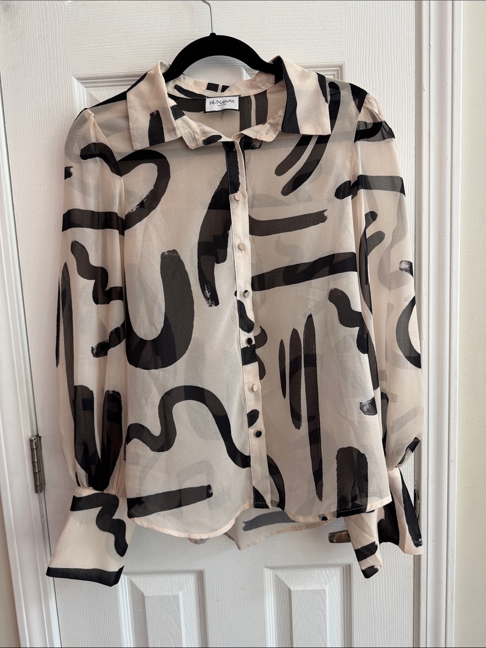 RUNAWAY THE LABEL Fleetwood Sheer Puff Sleeve Blouse Black & Cream Size Small